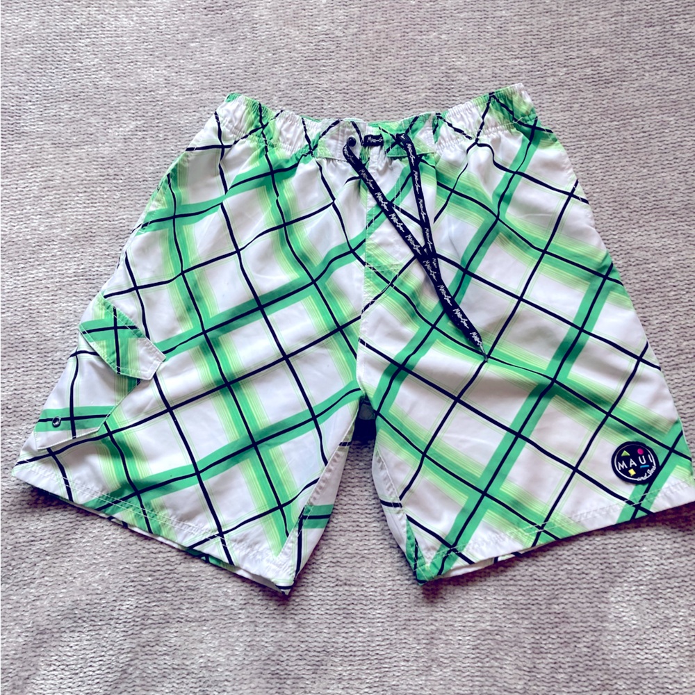 Maui And Sons Plaid Board Shorts Green White Swim Trunks Mens 34